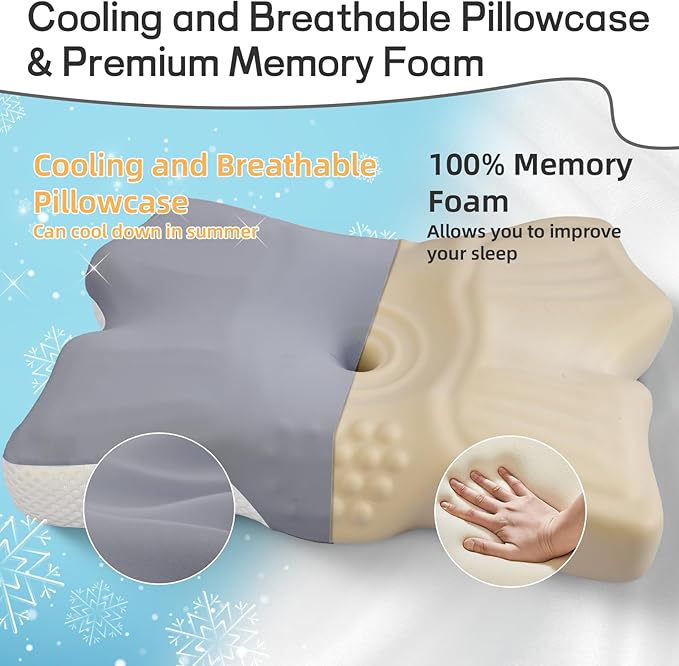 Cervical Neck Pillow for Pain Relief, Ergonomic Neck Support Pillow for Side Sleeper, Contour Memory Foam Pillows with Cooling Pillowcase Orthopedic Bed Pillow for Back Stomach Sleepers, Grey