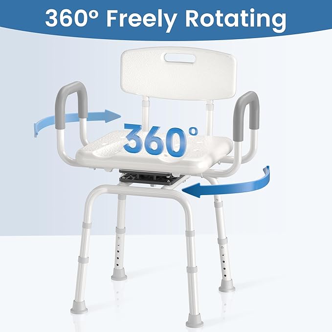 Swivel Shower Chair with Removable Back and Arms, Shower Chair for Inside Shower & Bathroom Seat, 5-Level Height Adjustable Shower Chair for Elderly and Disabled, Gray