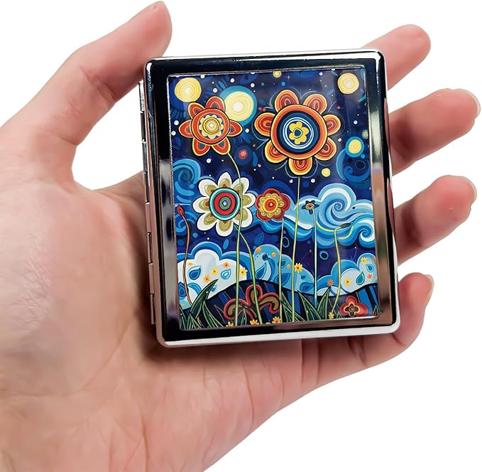 Metal Pill Organizer Box with Mirror – 8 Compartment Chrome Pill Case, Pocket-Size Travel Pill Container for Vitamins, Seniors, Daily Use (Bold Floral Night)