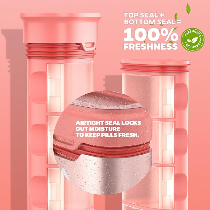 Metal 7 Day Pill Organizer 2 Times a Day-Travel Pill Box Case with Moisture-Proof Airtight Lids, Weekly AM PM Medicine Container for Vitamins, Fish Oil, Supplements and Medications (Pink)