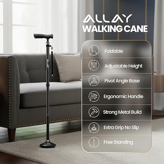 Allay Walking Canes for Men & Women - Adjustable Canes for Women for Stability, Self Standing Wide Quad Pivot Base, Light Weight, Soft Handle Grip and Travel Bag, Walking Sticks for Seniors & Adults