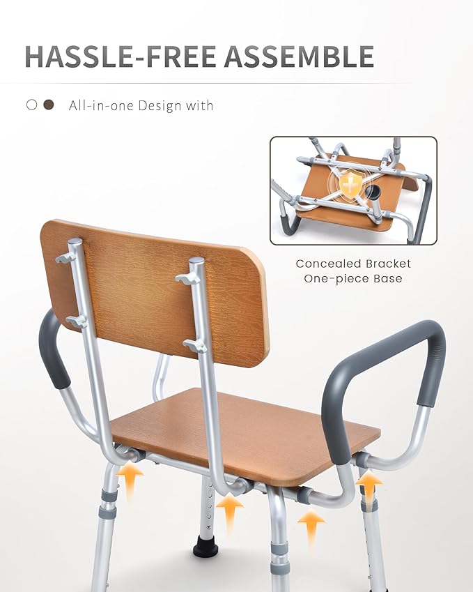Sangohe Shower Chair for Inside Shower with Arms and Back, Height Adjustable Shower Chair for Elderly and Disabled, Wood Seat Board and Back, 400 lbs Heavy Duty Shower Seat for Seniors, 796A