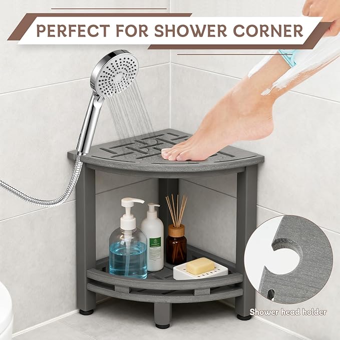 KALUMOON Corner Shower Stool, HDPE Waterproof Shower Bench for Inside Shower, Small Shower Chair Seat for Shaving Legs with Storage Shelf, Shower Head Holder, Adjustable Feet (Grey)