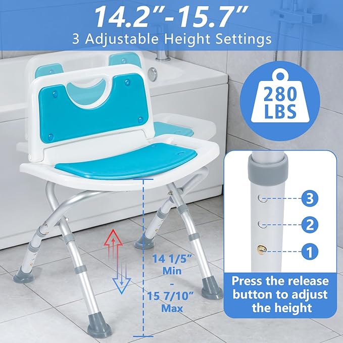 Folding Shower Chair for Inside Shower & tub with Foldable Back, Small Shower Seat for Seniors & Disabled, Portable Stools, Adjustable Height, Support 280 lbs