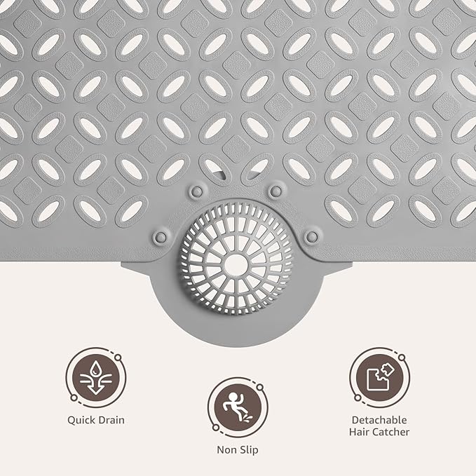 OTHWAY Bath Mat for Tub Non Slip: 39" X 17" Long Bathtub Mat with Hair Catcher│Big Drain Holes Shower Mats for Inside Shower│Machine Washable (Grey)