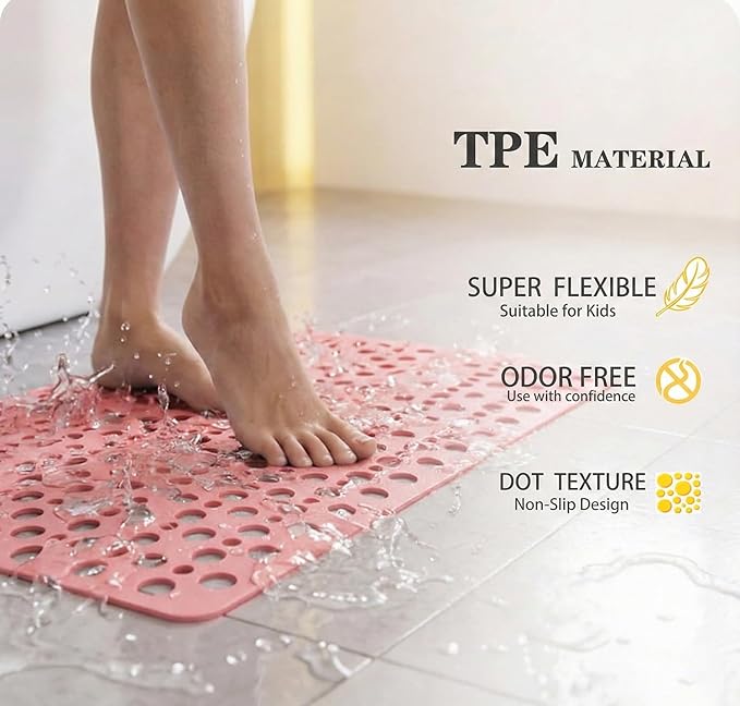 Nonslip Bathtub Mat Extra Soft TPE Bath Mat for Kids, Machine Washable Bathroom Shower Mat, Smooth/Non-Textured Tubs Only, 35L x 16W Inch (Pink)