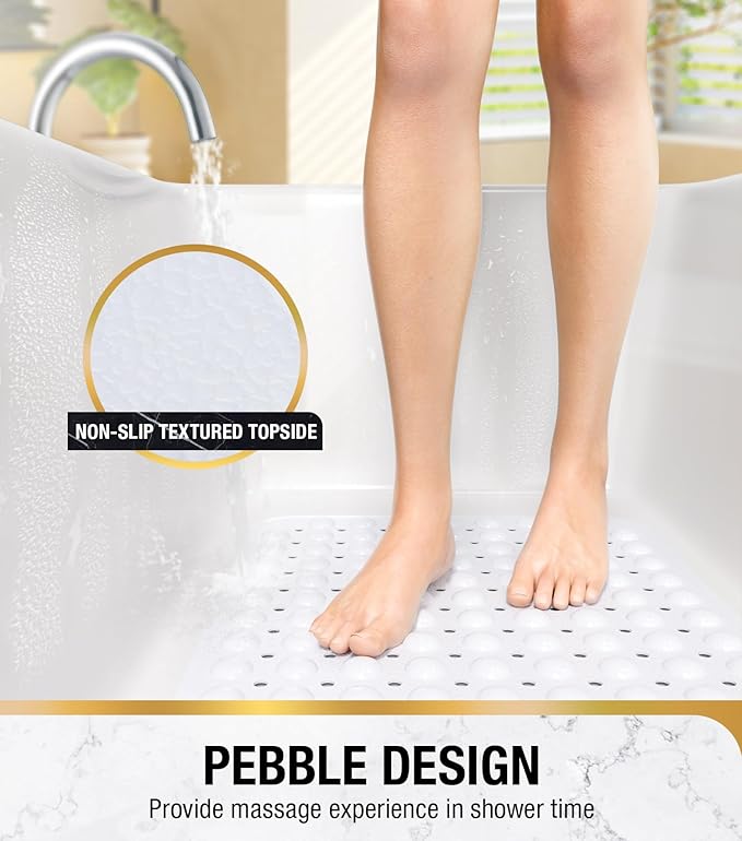 HITSLAM Bath Mat for Tub, Non Slip Bathtub Mat, 40 x 16 Inch Extra Long Bath Tub Mat, Machine Washable Bathroom Shower Mat with Suction Cups and Drain Holes, Soft on Feet, White