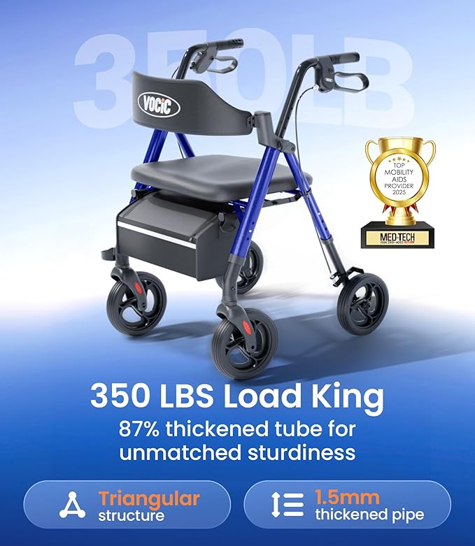 VOCIC Walkers for Seniors, Z21 Rollator Walker with Seat Supports 350lb, 8" Big Wheels for All Terrain, Ergonomic Arc Seat & 6" Ultra Backrest Foldable Walker, Dual Height Adjustment, Lightweight 2026