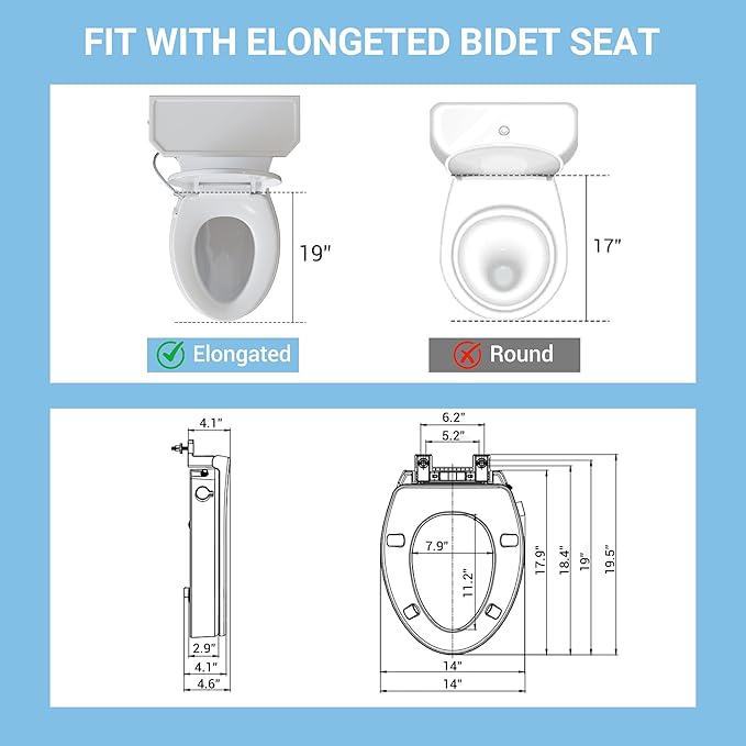 Bidet Toilet Seat Non Electric, Elongated Raised Toilet Bidet Seat with Dual Nozzles, Self Cleaning, Soft Close Lid, Rear and Feminine Washing for Seniors Adults