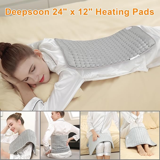 Deepsoon Heating Pad,Electric Heating Pads for Back,Neck,Moist Heating Pad for Abdomen Shoulder Knee Legs,Dry/Moist Heat&Auto Shut Off,Mother's Day Birthday for Men and Women,Silver,24x12 Inch