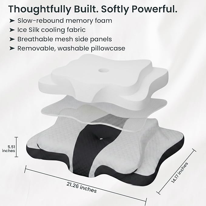 Ergonomic Cervical Neck Pillow for Sleeping – Memory Foam Cervical Pillow for Side Sleepers and Back Sleepers – Contour Neck Support (Black/White)