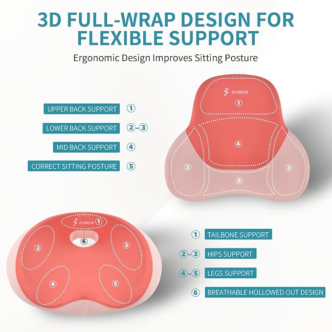 FLORICH Seat Cushion Lumbar Support Pillow for Office Chair, Car Lower Back Support, Ergonomic Desk Chair Pillow for Butt and Back Support of Memory Foam Seat Pad(Dark Pink)