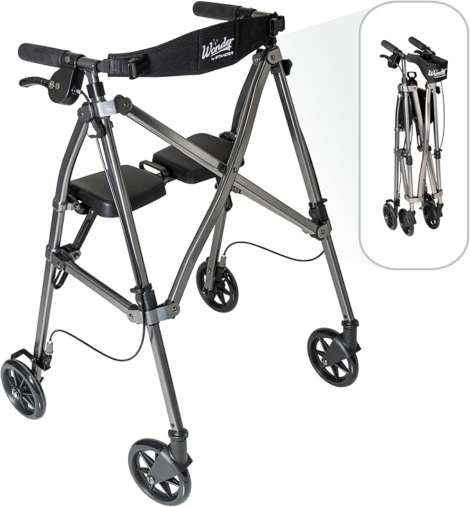 Stander Space Saver Rollator, Lightweight Folding Rolling Walker with Seat for Seniors & Adults, 4-Wheel Mobility Aid with 6-inch Wheels, Locking Brakes & Padded Seat with Backrest, Black Walnut