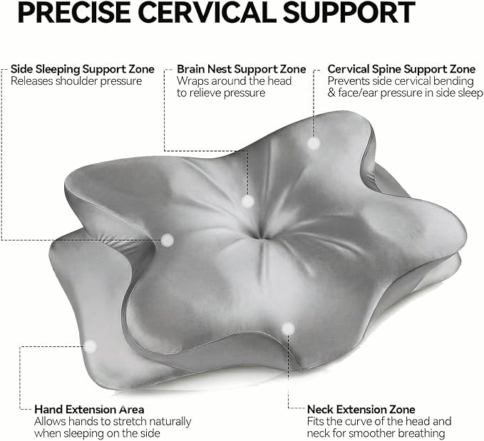 Cervical Neck Pillow for Neck Pain Relief,Ergonomic Memory Foam Contour Pillow with Wrinkle-Resistant Silky Satin Fabric Cover,Orthopedic Bed Pillow for Side,Back,Stomach Sleepers,Gray