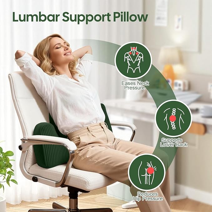 Lumbar Support Pillow for Recliner, Back Support Pillow for Office Chair, Ergonomic Corduroy Lumbar Pillow with Shredded Foam, Lower Back Pain Relief for Gaming Chair, Couch, Green