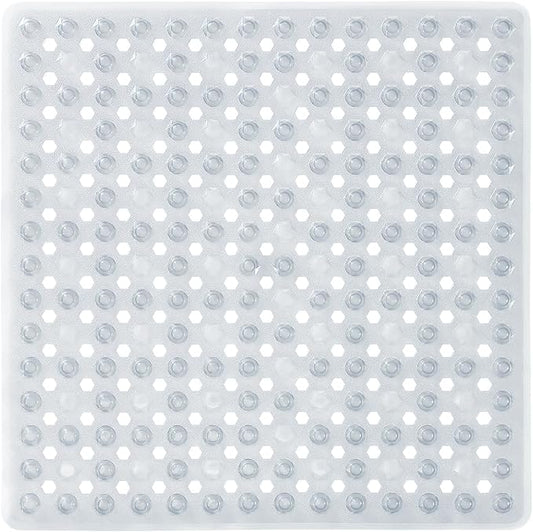 Yimobra Square Shower Floor Mat Non Slip, 21"x21" Machine Washable Bath Tub Mat, Soft on Feet, Bathmat with Drain Holes and Suction Cups, Fast Draining, Clear