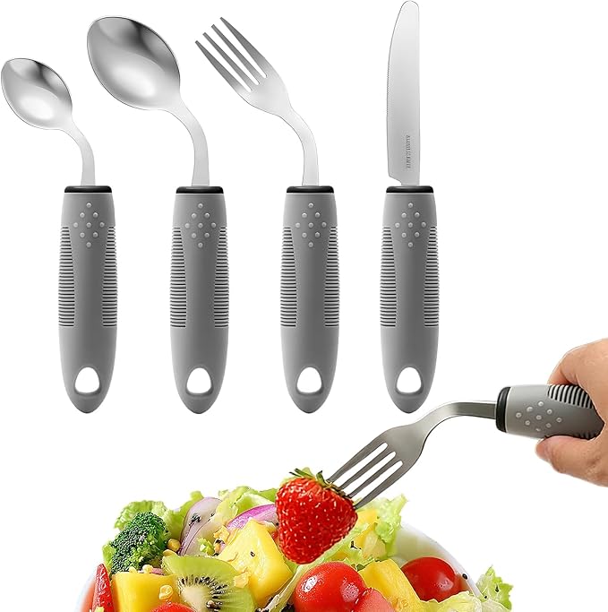 4Pcs Adaptive Utensils for Elderly, Weighted Adaptive Eating Utensils, Adaptive Utensils Set Non-Slip Handles for Hand Tremors Seniors Arthritis Parkinson’s (Left-Handed, Grey)