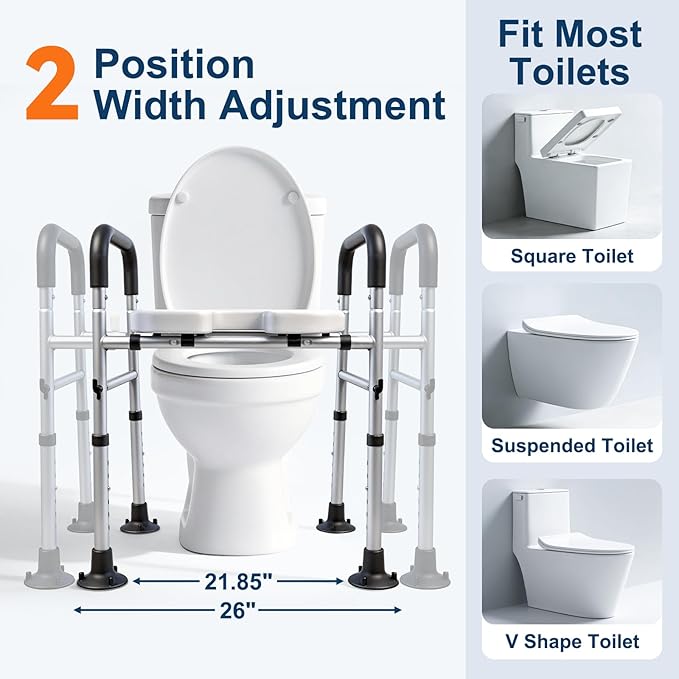 Adjustable Raised Toilet Seat with Handles for Seniors, 400lbs Capacity Elongated Toilet Seat Riser, Elevated Toilet Seat with Soft Cushion & Removable Armrests