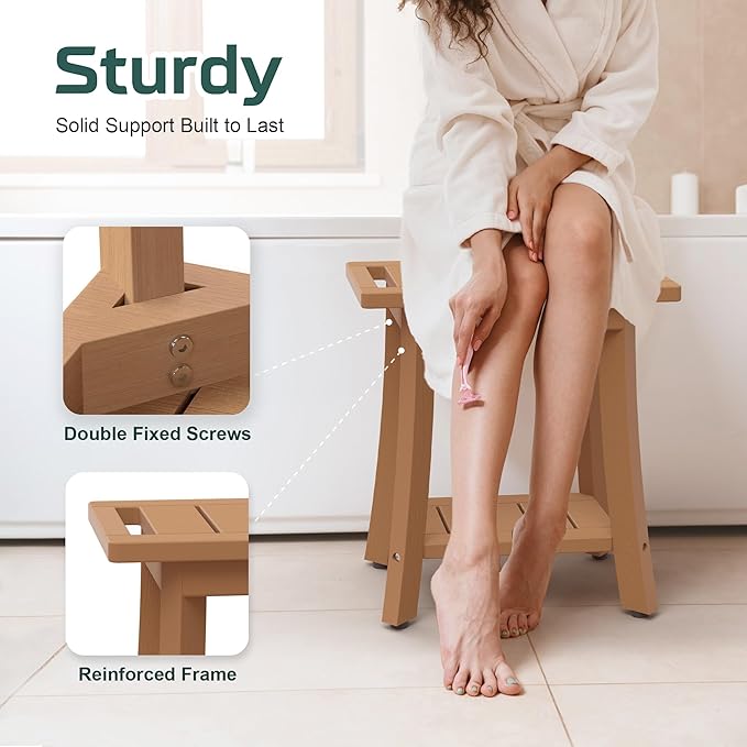 Waterproof Shower Benches for Inside Shower, Poly Lumber Shower Stool with Storage Shelf & Adjustable Feet, SPA Bathroom Seat Chair for Shaving Legs, Indoor or Outdoor Use, Teak Brown