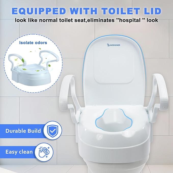 5.5 inches Raised Toilet Seat with Handles, Adjustable Height, Toilet Seat Risers for Seniors, Slip-Resistant, Supports 300lbs, Elevated Toilet Seats, Screw Lock, White