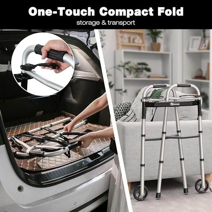 Whlicks Folding Walkers for Seniors,Aluminum Lightweight Walkers with Wheels, Adjustable Width and Height Front Wheel Walker for Elderly and Disabled, Supports up to 350 lbs