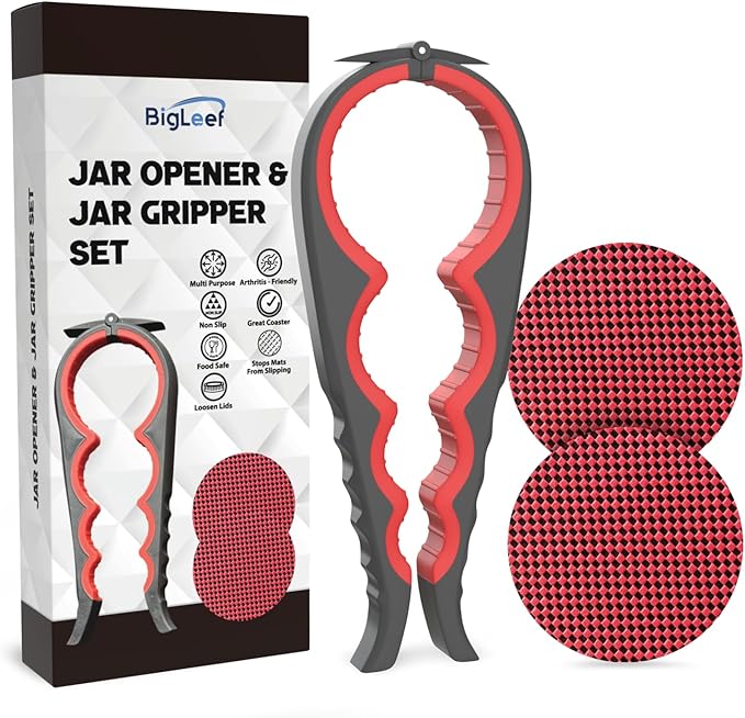 Jar Opener for Weak Hands with Firm Jar Gripper Pads and 2 Non Slip Grip Mats, Multifunction Kitchen Tool Set for Seniors, Easy Lid and Cap Removal (Red)