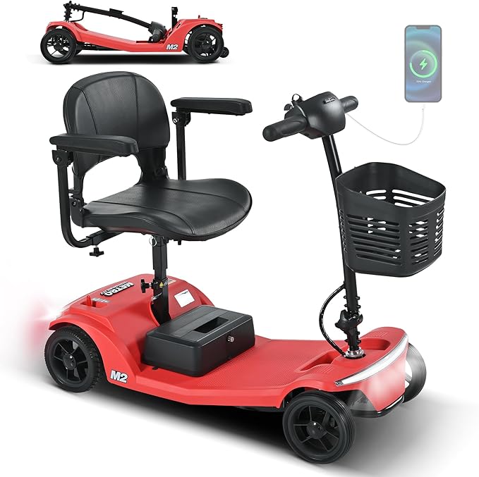 Mobility Scooter for Seniors and Adults M2 Red, USB Port for 20 Miles Long Range Foldable Electric Scooter, 260W Motor, 330 LBS Heavy Duty Capacity, Portable and Lightweight for Travel