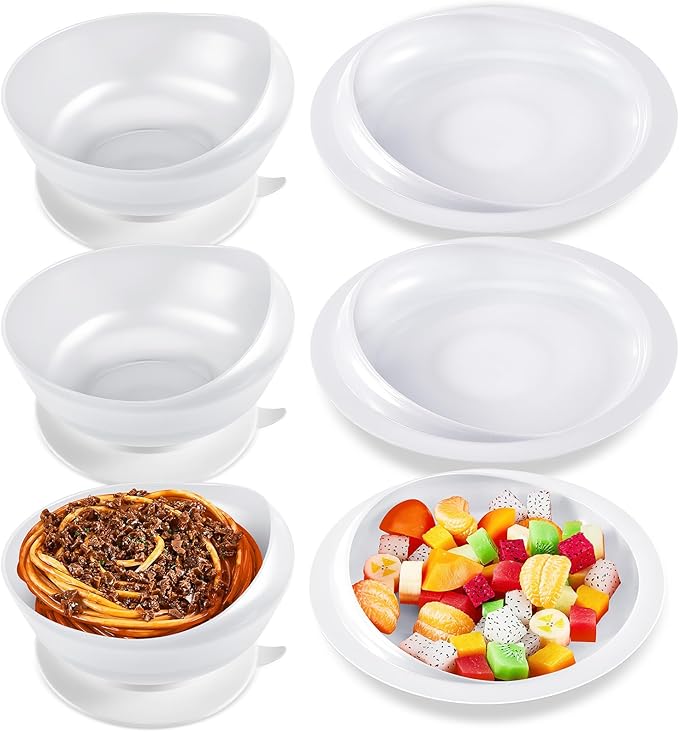 Hushee 3 Sets Adaptive Spill Proof Scoop Bowl and Plate Set with Suction Base Non Skid Self Feed Suction Dinnerware for Elderly Disabled Handicapped from Parkinsons Tremor (White)