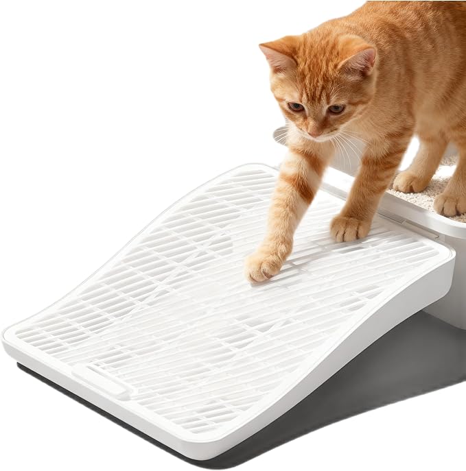 Cat Litter Box Step Ramp with Litter Catcher, Non-Slip Trapping Mat for Kittens and Senior Cats, Washable (White, Large)