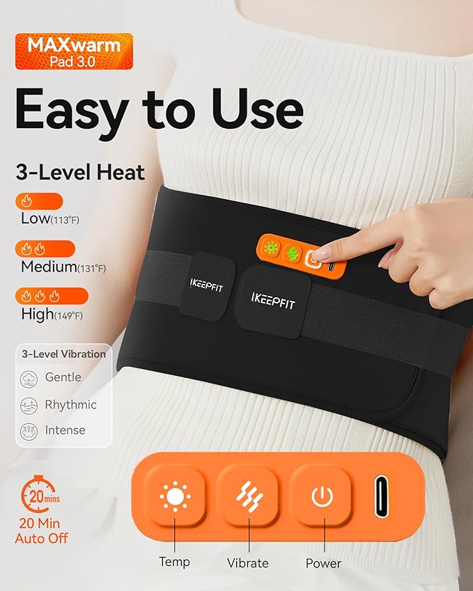 IKEEPFIT Portable Heating Pad for Back, Cordless Wearable Heat Belt with Massager for Lower Back Pain Relief, Battery Powered 8000 mAh Rechargeable, MAXwarm® 3.0, Gift for Women Men 90-310 lbs