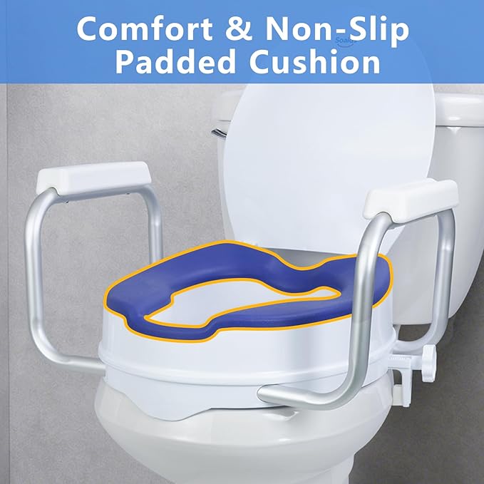 Travel Toilet Seat Risers for Seniors, Padded Elevated Toilet Seat with Handles for Round Toilets Only, Travel-Friendly, 5 Inch Height, Support to 300 LBS
