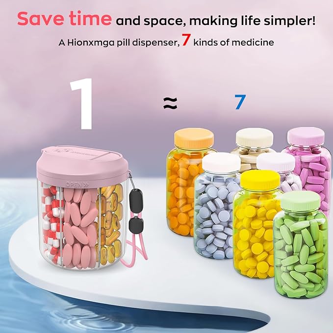 Hionxmga Pill Dispenser with 7 Large Compartments, Pill Organizer for Travel with Anti-Mixing Design, BPA-Free Pill Container with 20 Pcs Labels, Pink