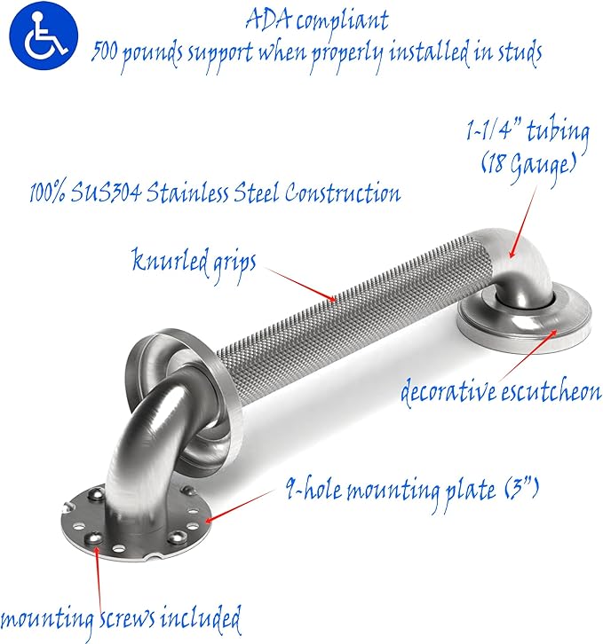 1-1/4" Knurled Grab Bar, ADA Compliant Bath Safety Shower Handrail, Bathroom Mobility Aid Handle for Seniors and Disabled, Heavy Duty 500lbs Support