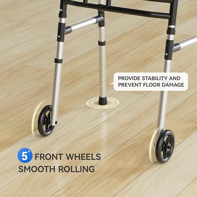 Loyoda Folding Walkers for Seniors，Medical Bariatric Walker Lightweight 5'' Front Wheel Walker Height and Width Adjustable Aluminum Standard Walker for Handicap