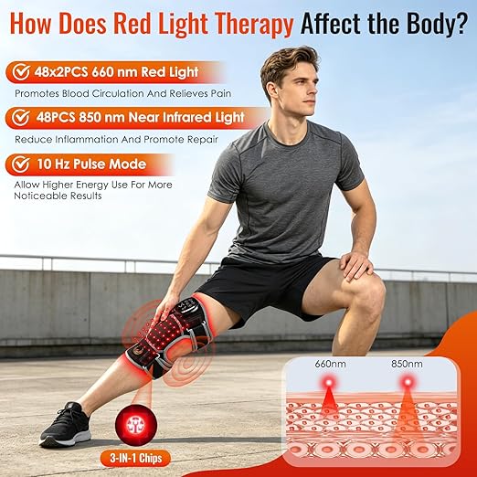 Seenew Red Light Therapy Knee Brace with Vibration Massage, Heated Knee Massager with Rechargeable Controller, 660nm & 850nm Red Light Therapy Heated Device for Knee, Elbow, Shoulder (Black-Grey)