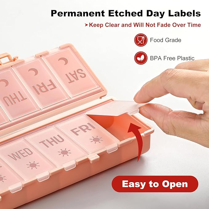 Foldable Pill Organizer 2 Times a Day w/Etched Labels -Dual Protection & Portable Weekly AM PM Pill Box, 7 Day Medicine Container, Large Travel Pill Case for Week Daily Supplement Vitamin - Pink