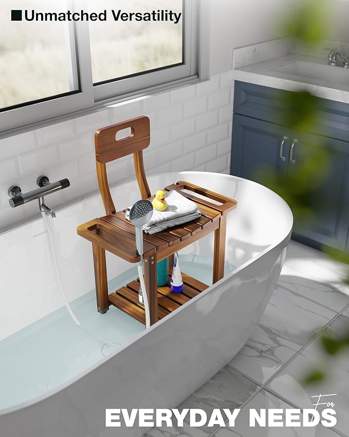 BLUEWEST 23.4'' Shower Chair with Backrest Bath Chair for Inside Shower or Tub, Heavy Duty 450 lbs Support, Non-Slip Feet, Shelf Storage, Built-in Handles for Elderly or Adults (Acacia)