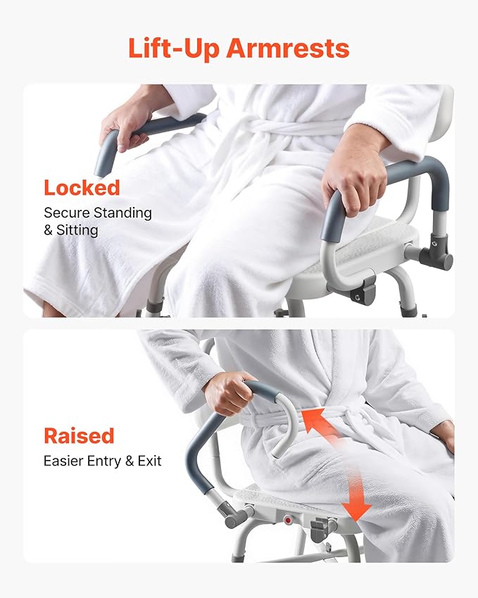 VEVOR Swivel Shower Chair with Arms and Back, 500 lbs Heavy Duty Bench Seat for Inside Shower Stall and Bathtub, Height Adjustable Bathroom Bath Tub Seat for Adults, Seniors, Elderly and Disabled