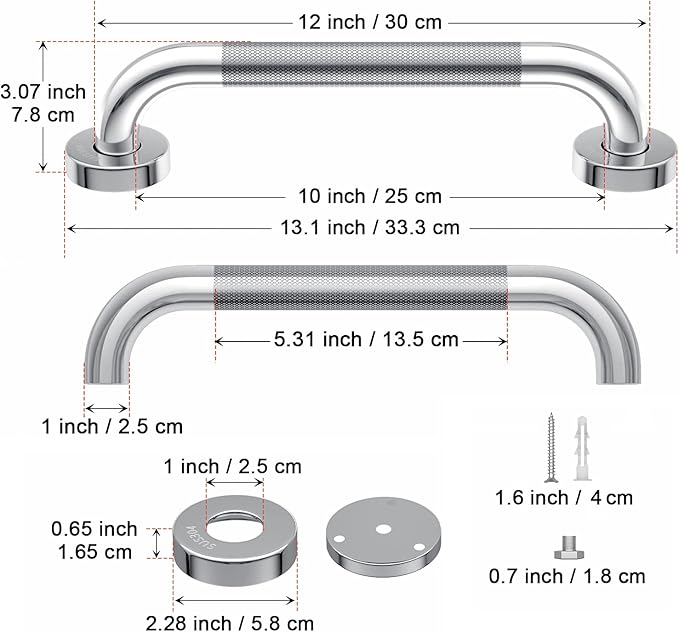 12 Inch Anti-Slip Shower Grab Bar, iMomwee Chrome Stainless Steel Bathroom Grab Bar Handle with Textured Grip, Shower Balance Bar, Safety Hand Rail Support, Handicap Elderly Senior Assist Bath Handle