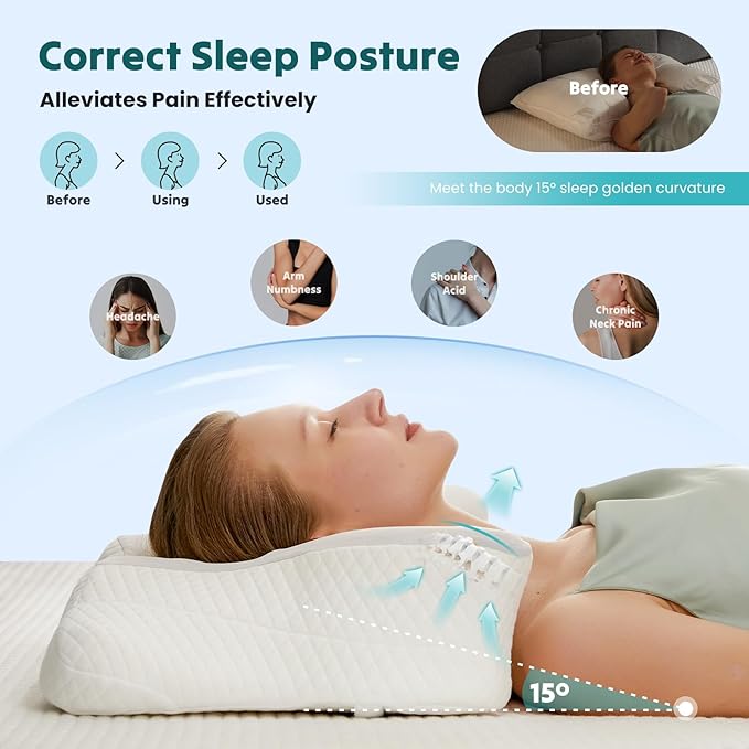 Cervical Neck Pillow, Memory Foam Pillow for Neck Pain Relief, Ergonomic Bed Pillow with Neck Support for Side, Back & Stomach Sleepers, Queen, Grey