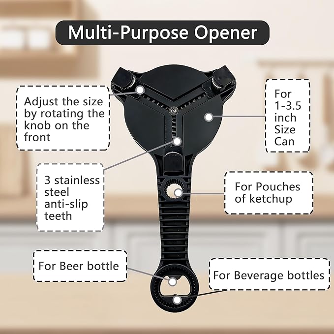 4-In-1 Jar Opener, Adjustable Stainless Steel Ergonomic Jar Opener Tool For Seniors, Bottle And Jar Openers For Arthritic Hands, Can Openers For Beer, Sauces, And Canned Goods (Black)