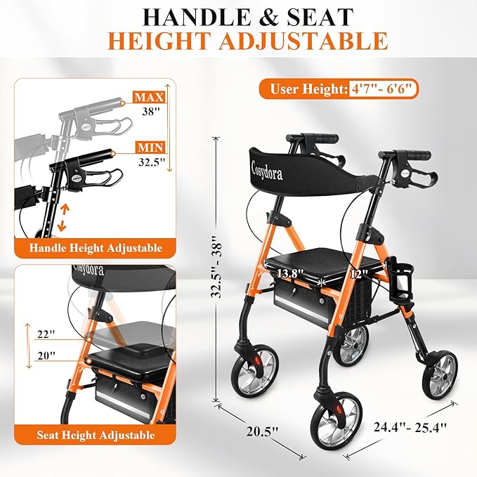 Cosydora Rollator Walkers for Seniors with Seat, 13.6 Lbs Ultra Lightweight Foldable Rolling Walker, 350Lbs Heavy Duty Aluminum, 8" All Terrain Wheels, Dual Adjustable Height, Light Orange