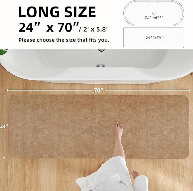 TYUU Bathroom Mat Quick Dry, Bathroom Rugs Non Slip Washable Thin Absorbent Bath Mat Fits Under Door Bathroom Floor Mat Perfect for Bath, Shower, or Sink 24"x70" Camel