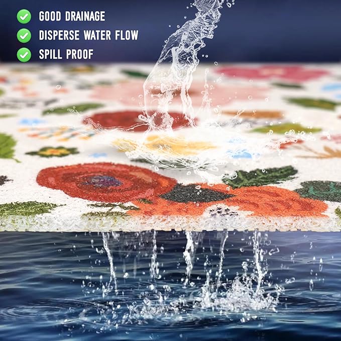 Square Shower Mat, 24 x 24 Inch Non Slip Flower Shower Stall Mat, Quick-Dry PVC Loofah Bath Mat for Shower Tub Bathroom