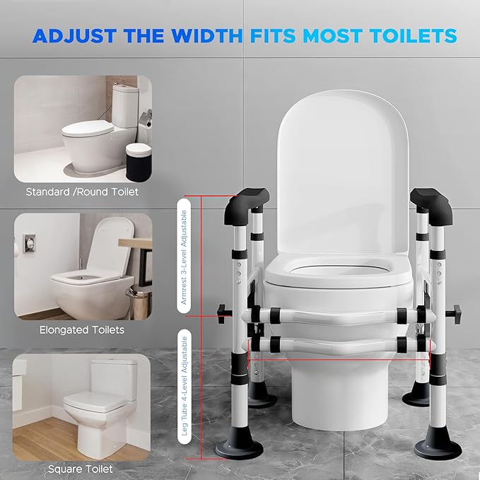 Toilet Safety Rails for Seniors - Adjustable Height & Width Safety Frame with Handrail, Fits Most Toilet Seats, Supports 220lbs, Non-Slip Bathroom Assist Bar for Elderly (Easy Installation)