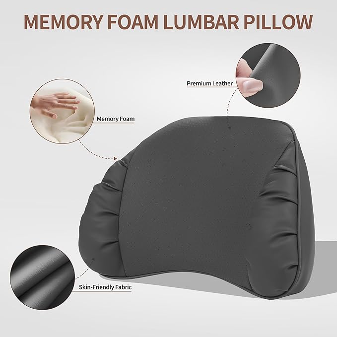 Lumbar Support Pillow for Car Seat, Memory Foam Leather Lumbar Pillow for Lower Back Pain Relief - Back Cushion for Driving - Chair Support for Office Chair, Gaming Chair, Black, 1 Pack