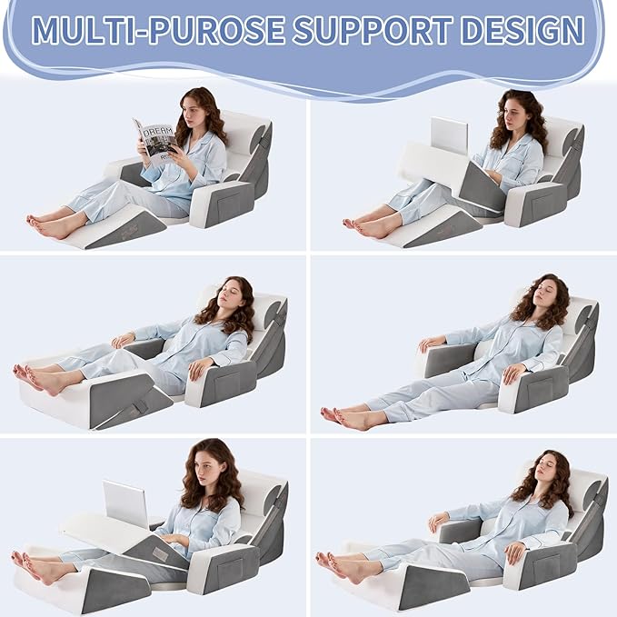 Yojoker 9PCS Orthopedic Bed Wedge Pillow Set for Sleeping, Back and Leg Pain Relief, Post Surgery Foam Pillow for Body, Triangle Adjustable Support Pillow - Acid Reflux Sleeping Pillows Grey
