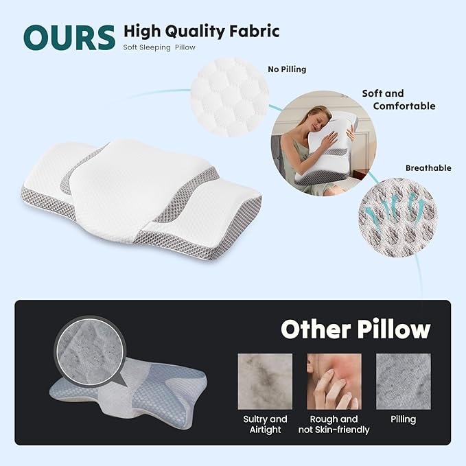 DUMOS Cervical Neck Pillow for Sleeping, Cooling Ergonomic Memory Foam Pillow with Arm Rest Slot and Ice Silk Pillowcase, Dual Height Orthopedic Support Contour for Side, Back, Stomach Sleepers