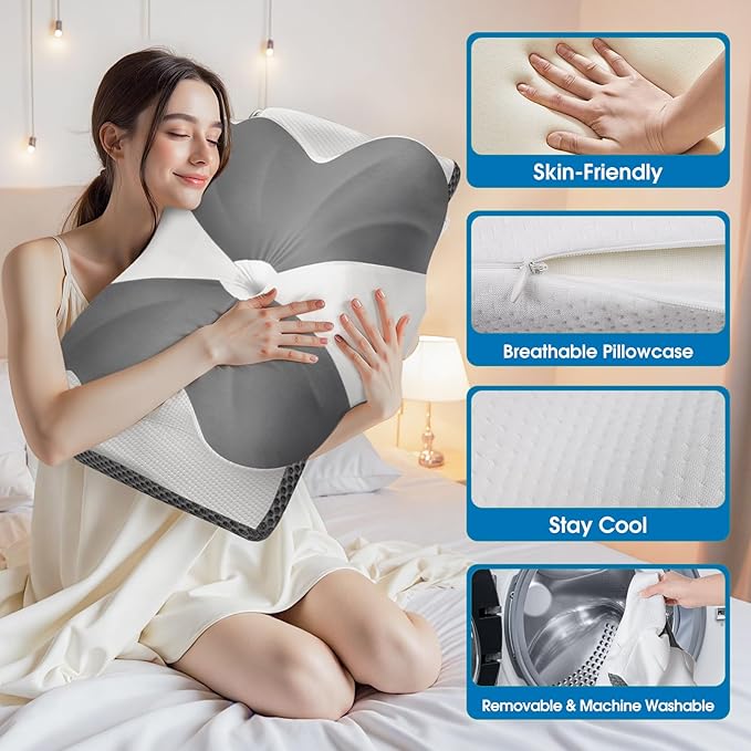 CloudBliss Cervical Memory Foam Pillow for Neck and Shoulder, Contour Neck Support Pillow with Cooling Case, Ergonomic Bed Pillow, Support for Side Back Stomach Sleepers (Grey, Standard Size)