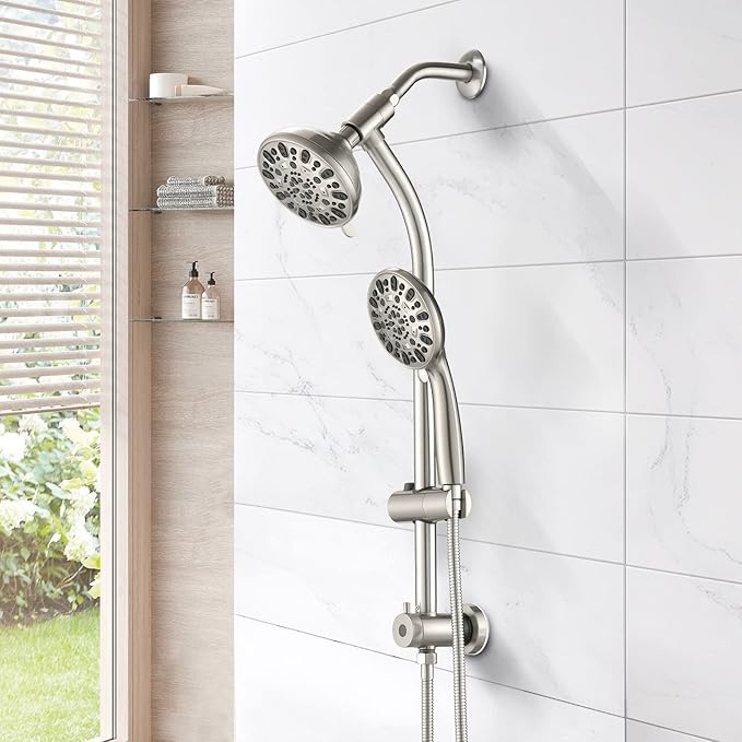 High Pressure 48-Settings Shower Head with Handheld Shower,Drill-Free 3-Way Diverter for Easy Reach,Adjustable Height Slide Bar Dual Shower Head Combo Set - Brushed Nickel